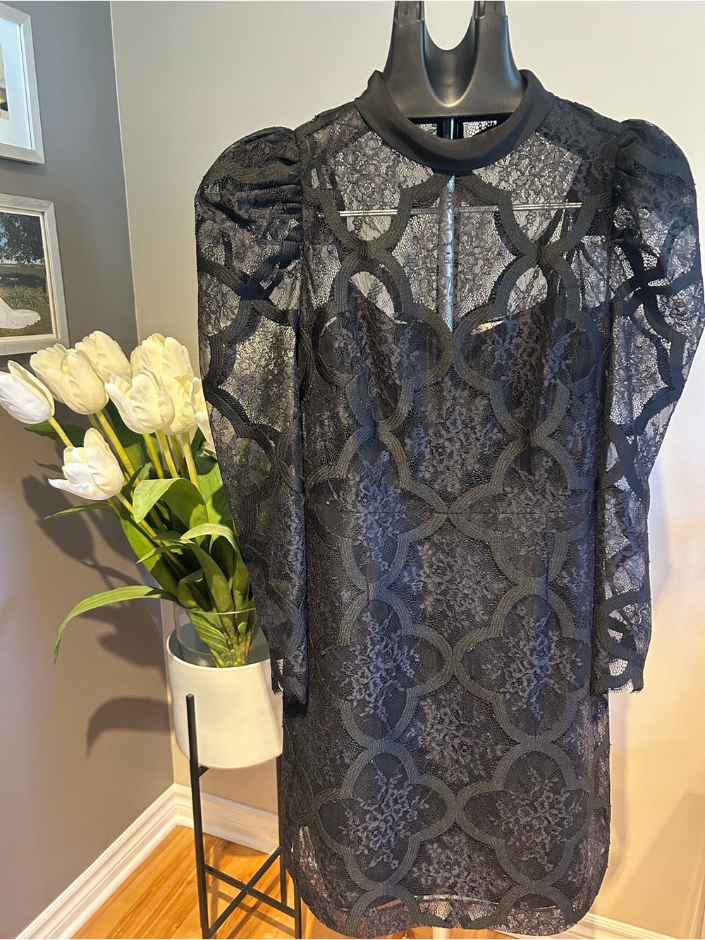 Sandro Black Lace Long-Sleeve Puff-Shoulder Dress
